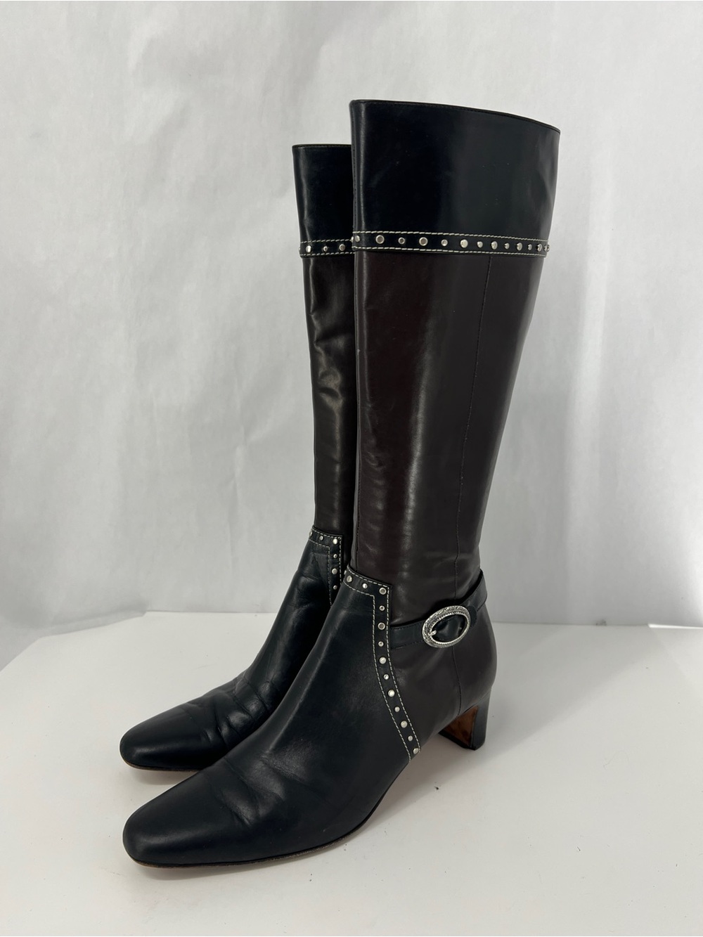 Brighton Two-Tone Black and Dark Brown Studded Knee Boots